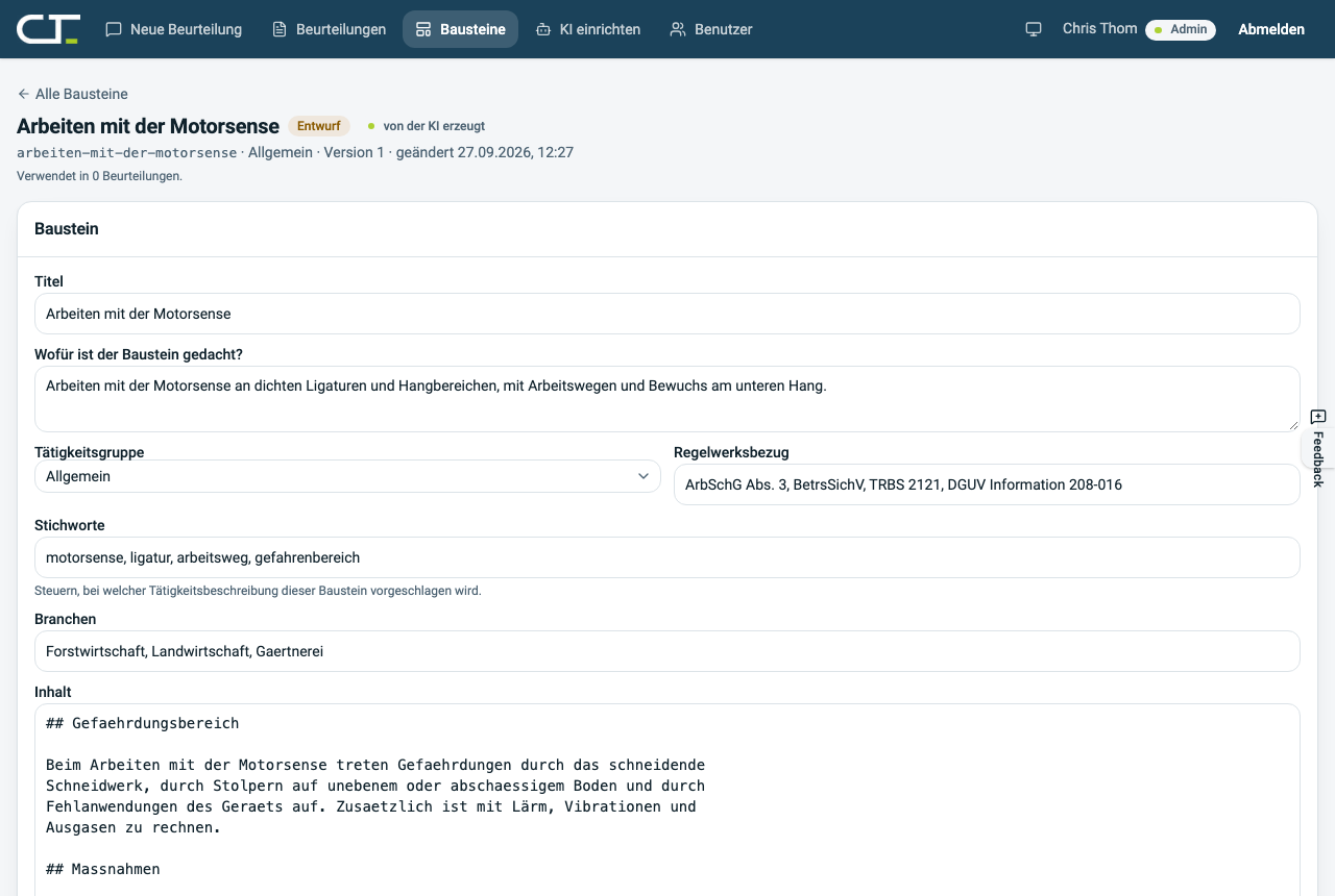 Appasi-Screenshot eines KI-erzeugten, deutlich als Entwurf markierten Bausteins zu Arbeiten mit der Motorsense.
